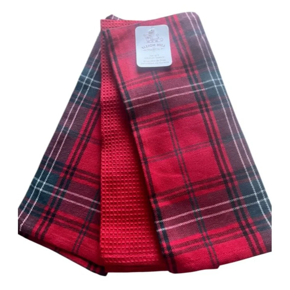 Sleigh Hill Christmas Tartan Plaid Kitchen Dish Towels Green Red White Set of 3